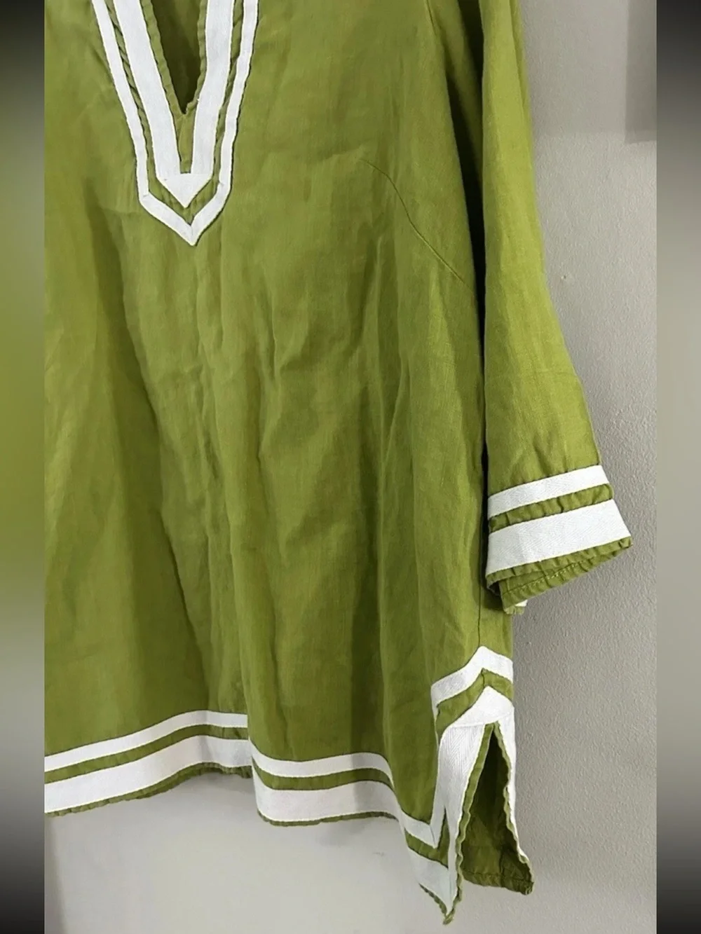 Alexandra Bartlett Top Tunic Blouse Popover 1X Green 100% Linen 3/4 Sleeve Split - Picture 7 of 8